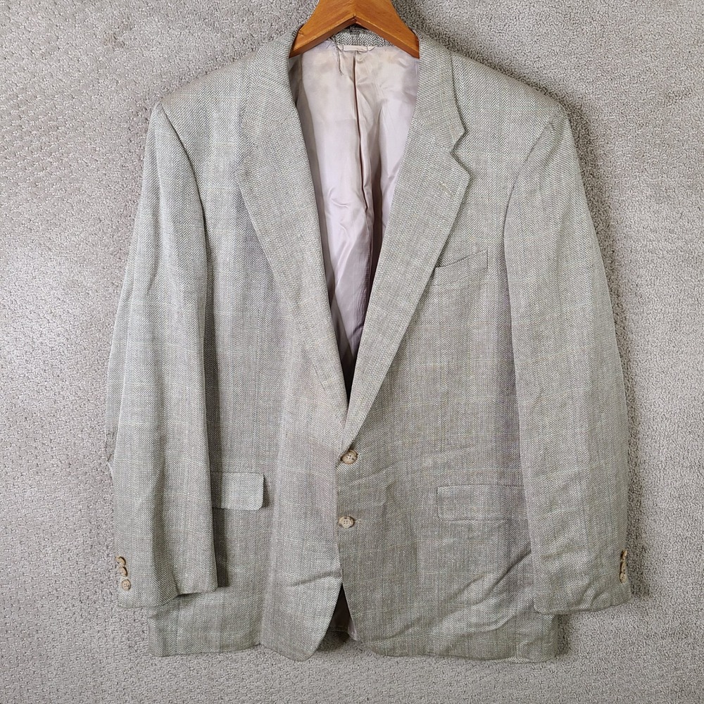 Vintage Hickey Freeman Jacket Mens 46L Beige Check Boardroom Blazer Silk‎ Tweed